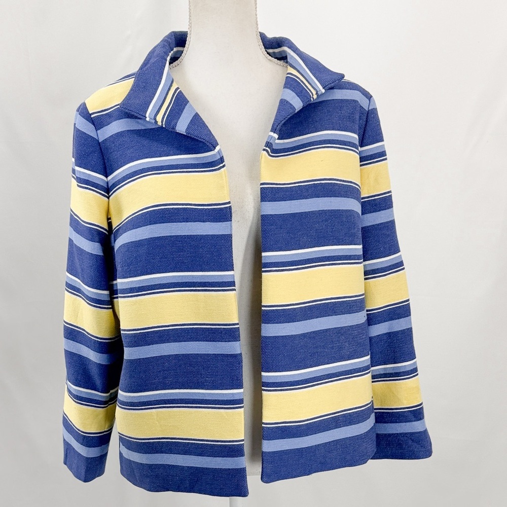 Talbots Womens Striped‎ Open Front Blazer Jacket Blue Yellow Size 12 Classic
